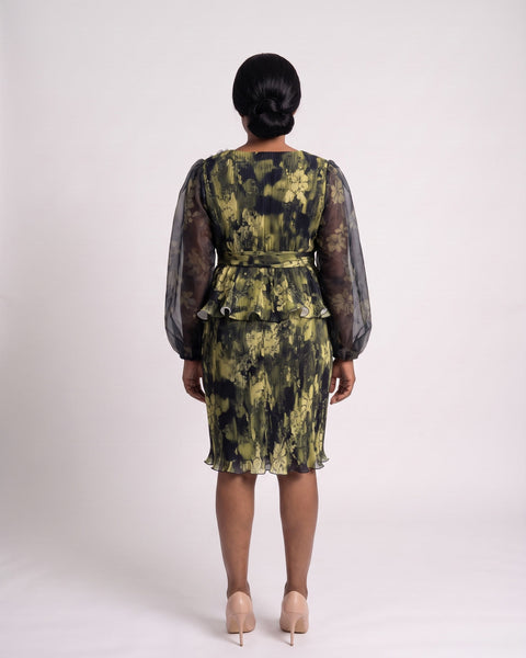 JF-06 robe péplum plissée imprimée, vue de dos
