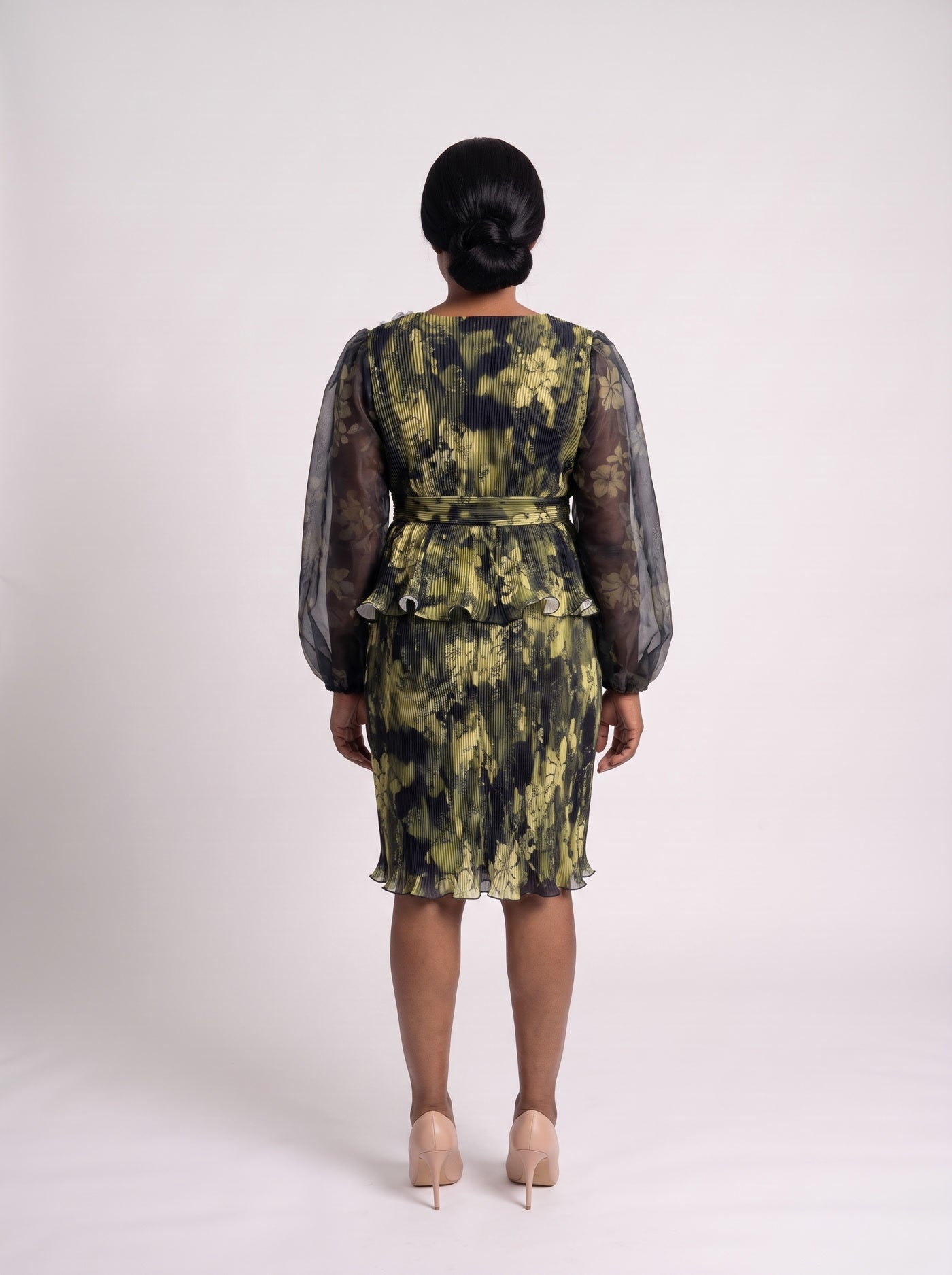 JF-06 robe péplum plissée imprimée, vue de dos