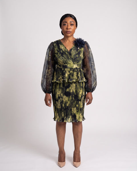 JF-06 robe péplum plissée imprimée, vue de face