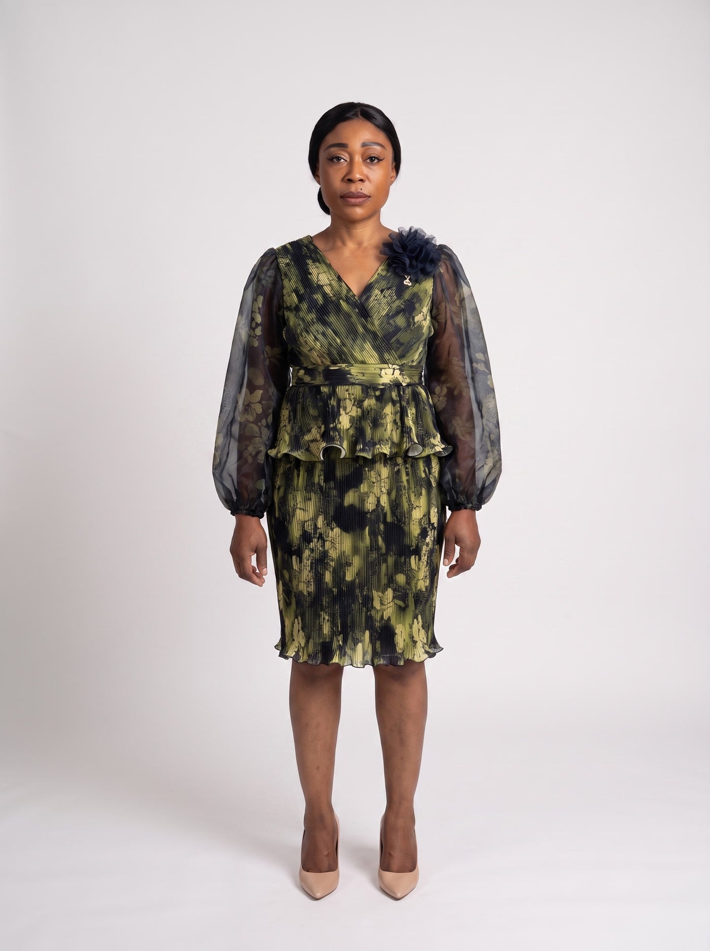 JF-06 robe péplum plissée imprimée, vue de face