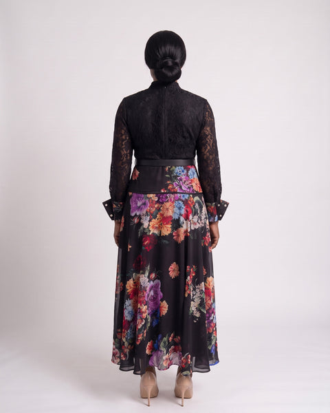 JF-08 robe longue dentelle et imprimé floral, vue de dos
