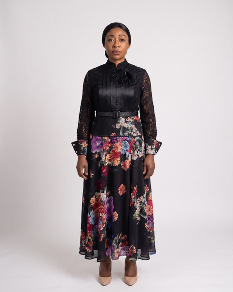 JF-08 robe longue dentelle et imprimé floral, vue de face