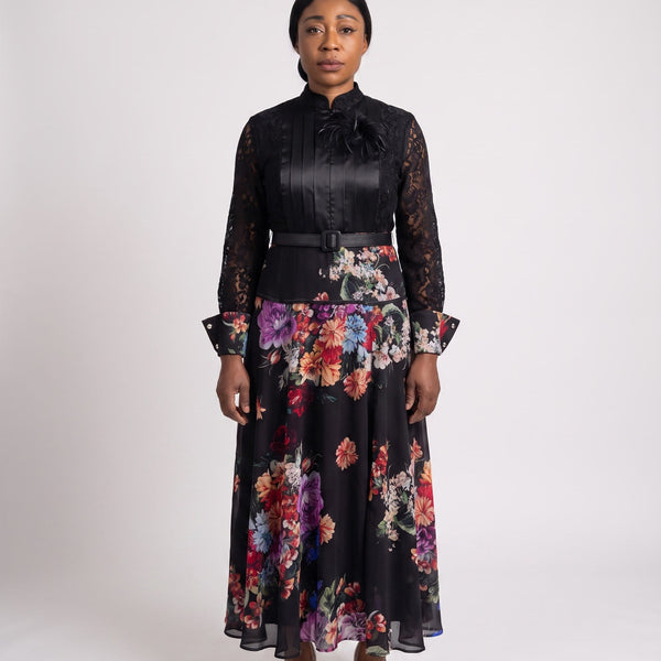 JF-08 robe longue dentelle et imprimé floral, vue de face