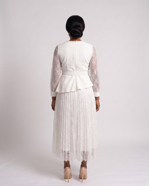JF-09 robe péplum ivoire en dentelle plissée, vue de dos