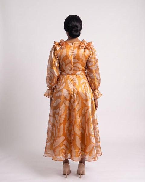 JF-12 robe longue en organza imprimé ambre, vue de dos