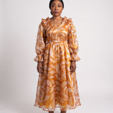 JF-12 robe longue en organza imprimé ambre, vue de face