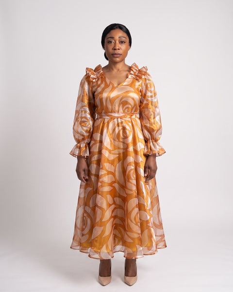 JF-12 robe longue en organza imprimé ambre, vue de face