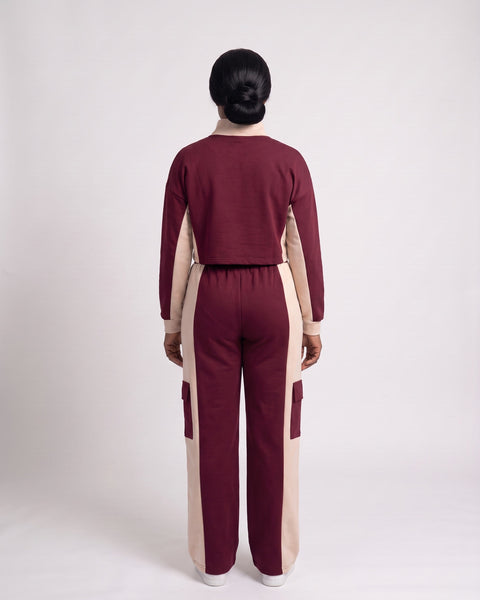 JF-13 ensemble jogging color-block bordeaux et sable, vue de dos