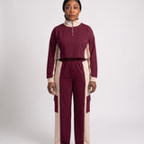 JF-13 ensemble jogging color-block bordeaux et sable, vue de face