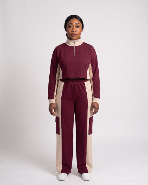 JF-13 ensemble jogging color-block bordeaux et sable, vue de face