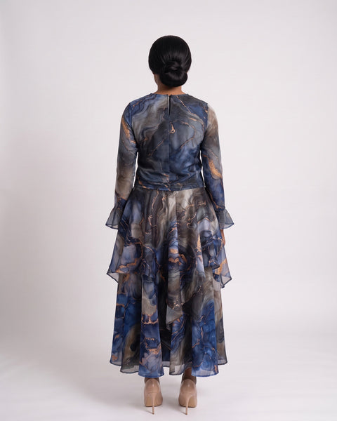 JF-18 ensemble en organza marbré cuivre, vue de dos