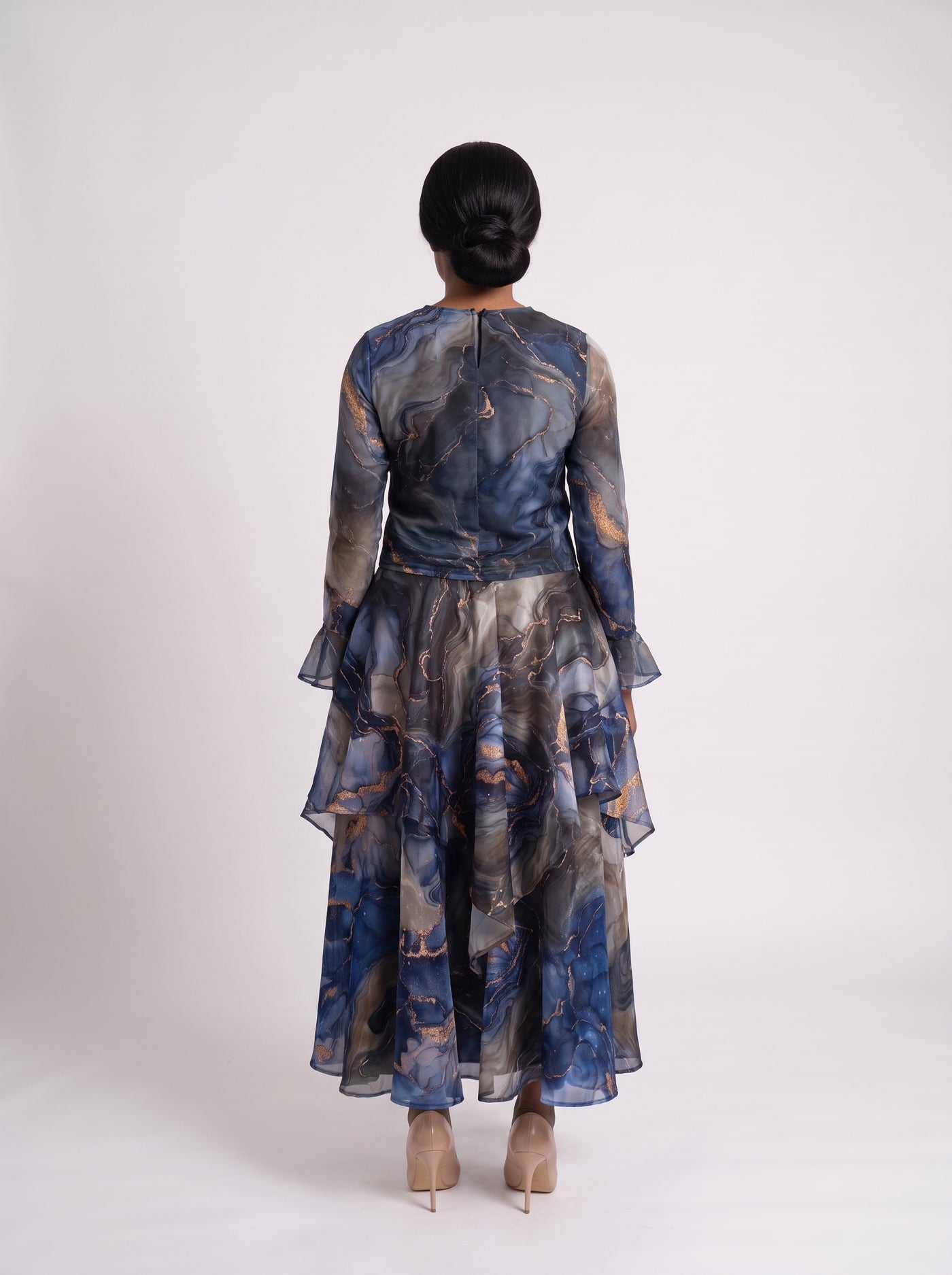 JF-18 ensemble en organza marbré cuivre, vue de dos
